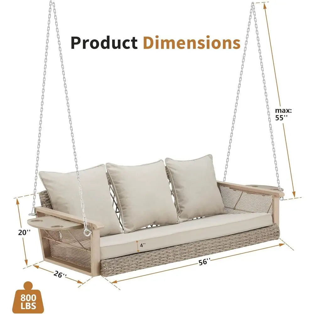 Durable 3-Person Wicker Swing with Cup Holders, Up to 900 lbs Capacity, 56 Outdoor Swing Bench, Cushioned, Suitable for Garden o