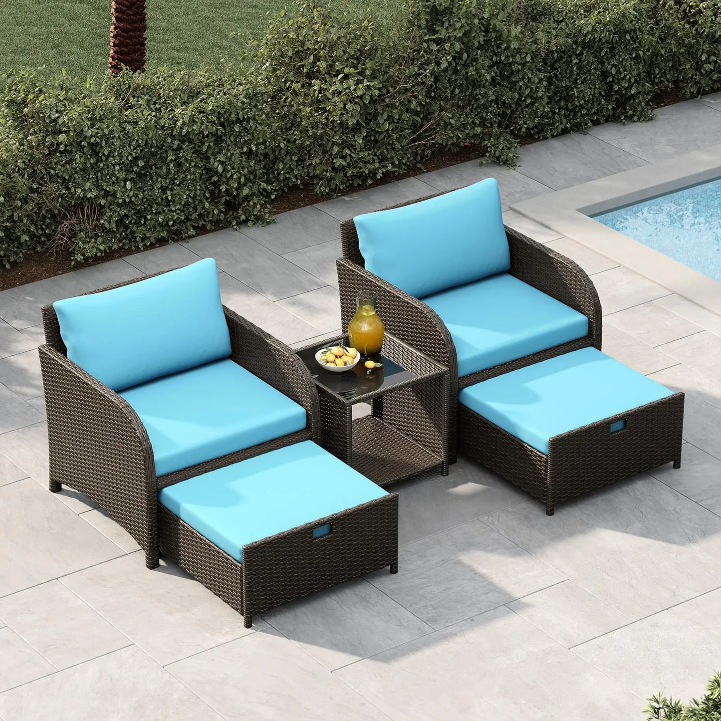 HiMISS 5 Piece PE Rattan Patio Set With Ottomans And Glass Table