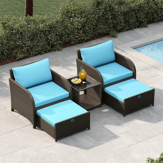 HiMISS 5 Piece PE Rattan Patio Set With Ottomans And Glass Table