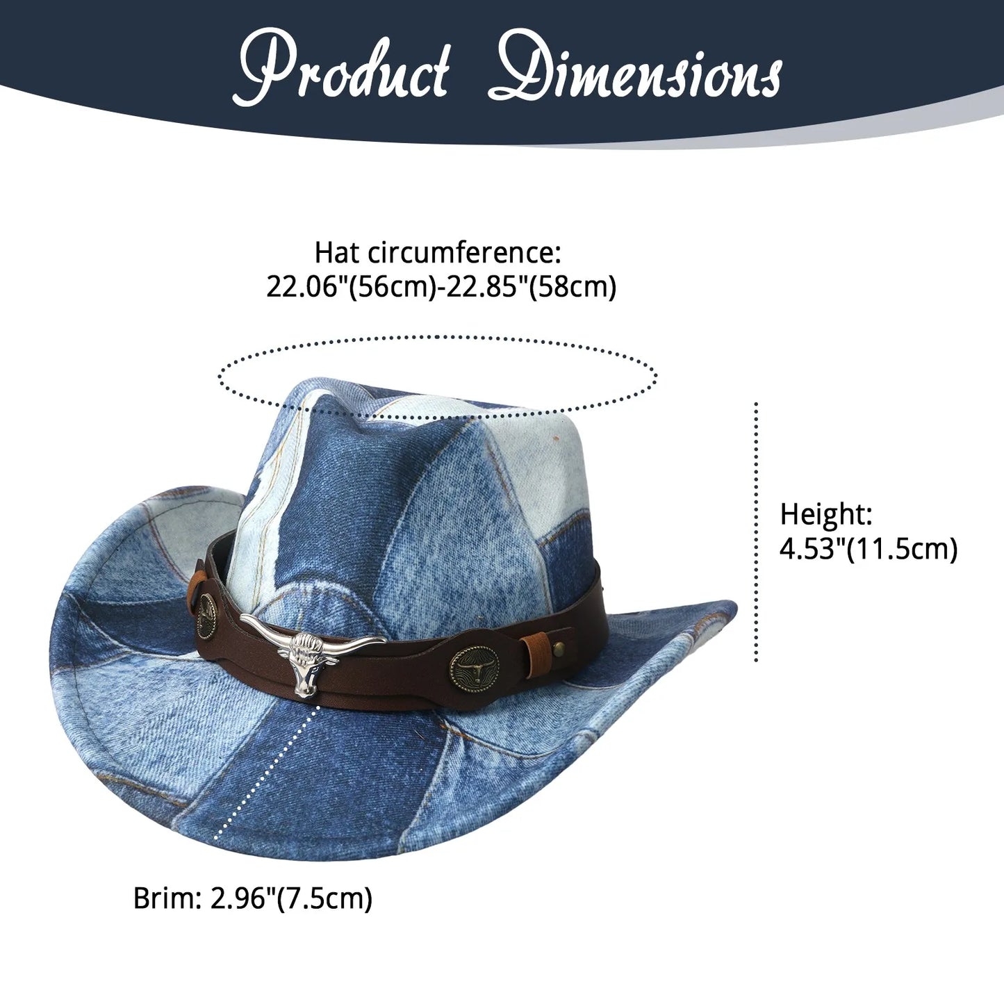 Men's Women's Denim Patchwork Western Cowboy Hat PU Leather Band Bull Head Decor