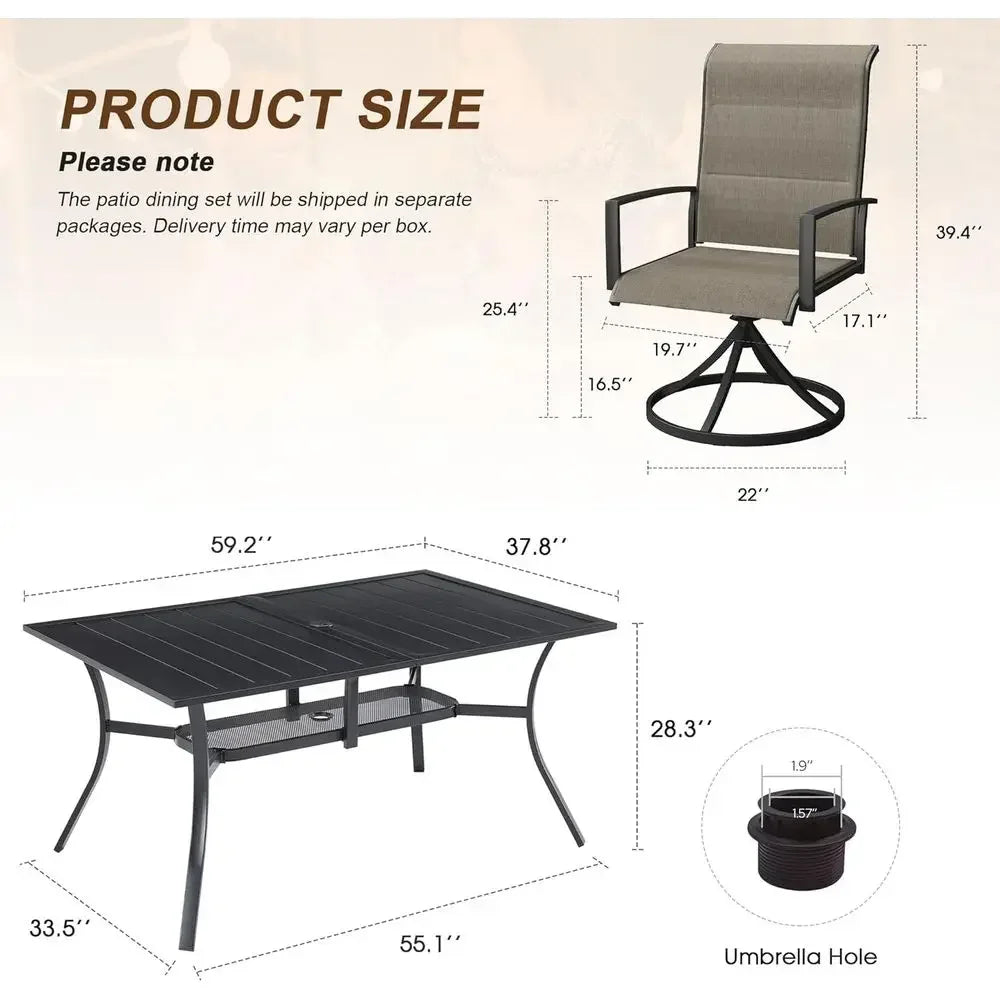 Modern Outdoor Dining Set With Metal Table And Swivel Chairs