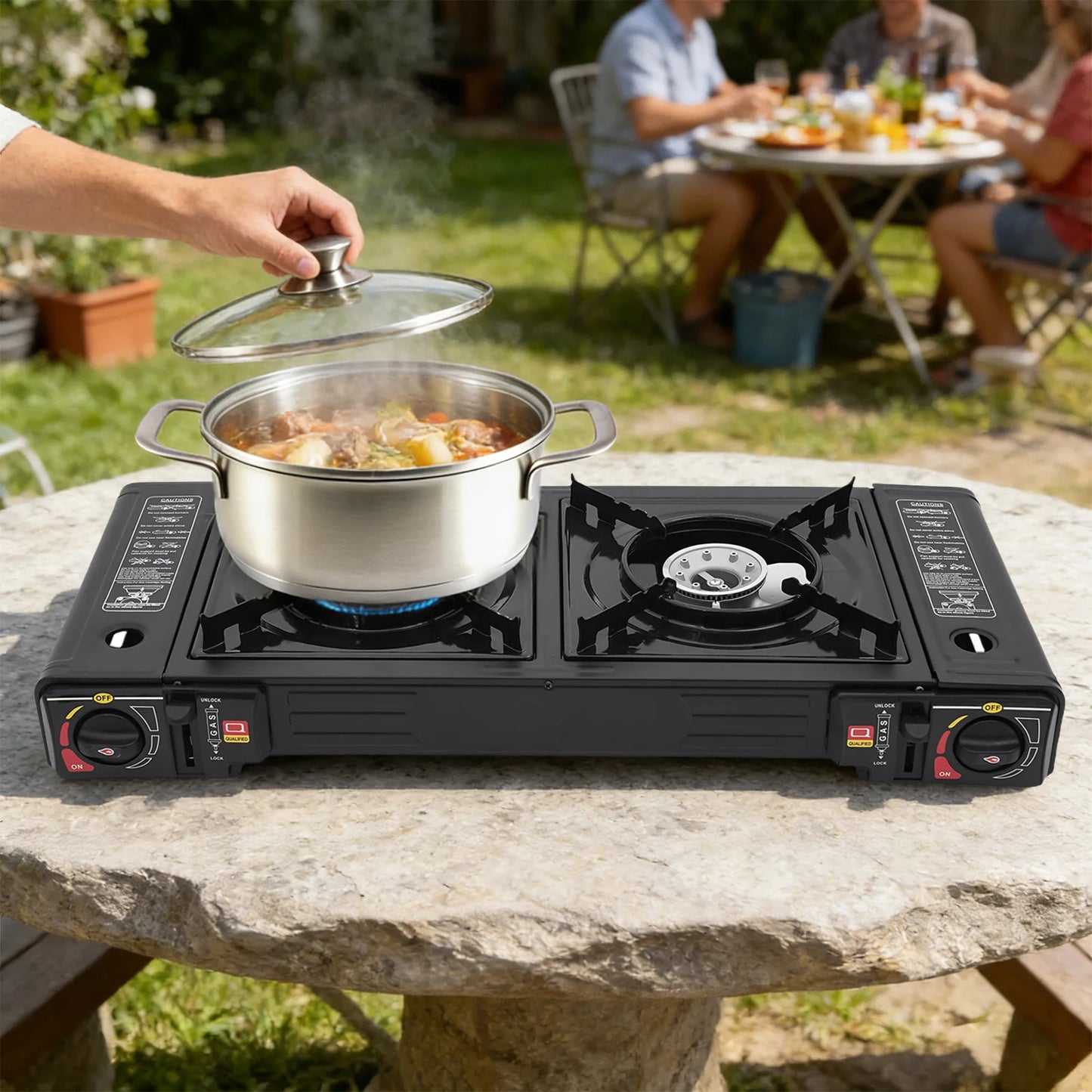 2 Burners Portable Camping Stove with Baking Tray & Carrying Case, Outdoor Gas Stove for Picnic RV Tailgating