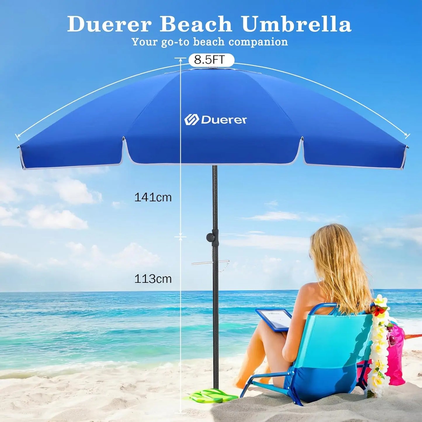 8.5FT Beach Umbrella with Sand Anchor – Heavy Duty Wind Resistant UPF 50+ Sun Shade, Portable with Tilt & Carry Bag for Beach, Sand, Garden, Patio, Pool (Navy Blue)