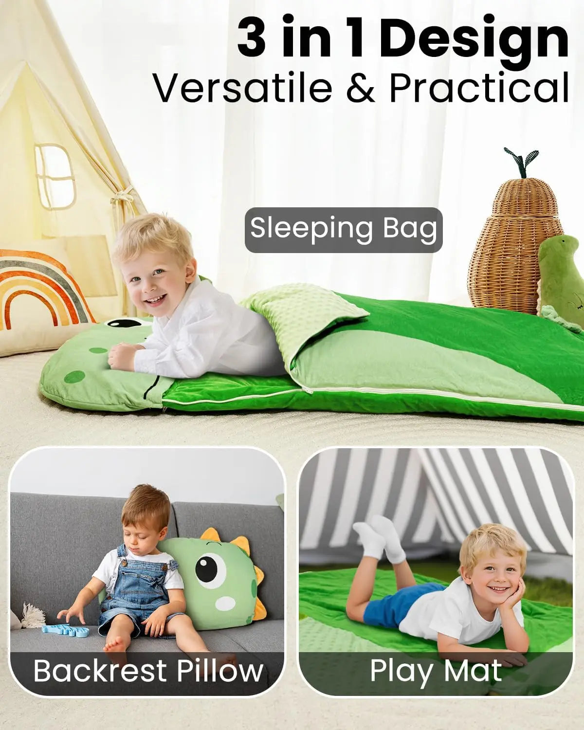 3-in-1 Kids Sleeping Bag, Toddler Nap Mat with Pillow, Plush Slumber Bag for Daycare Preschool Kindergarten, Travel Sleepover Ages 3-6, Boys Girls