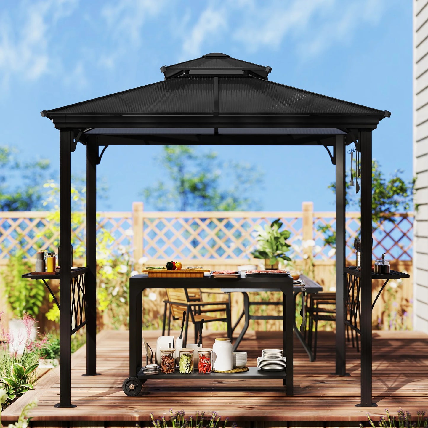 8.3ft Outdoor Double-tier BBQ Grill Canopy Gazebo w/ 2 Shelf, 6 Hooker