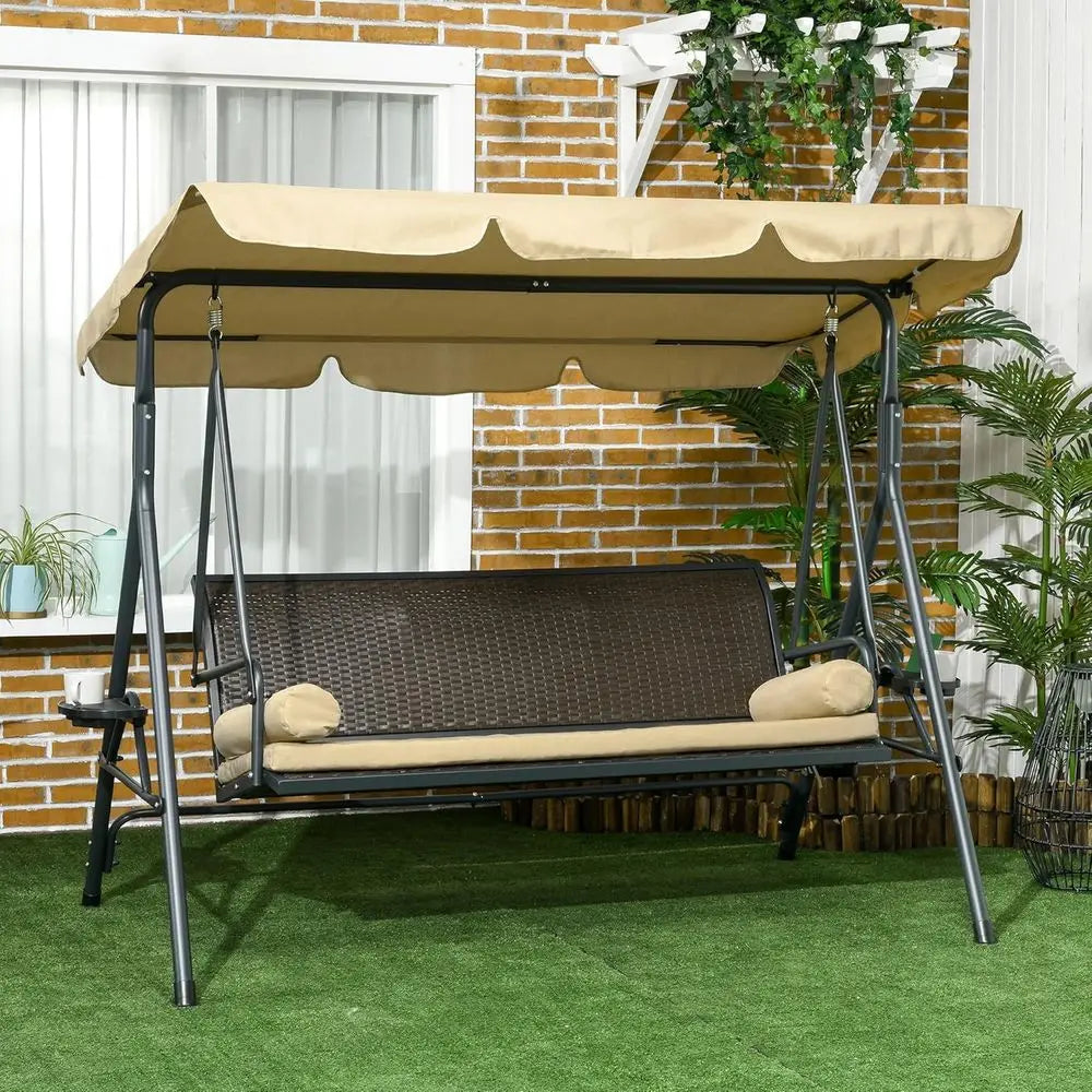3-Seat Outdoor Swing Chair with Adjustable Shade, Removable Cushion, and Rattan Seat for Garden, Porch, Backyard, and Poolside