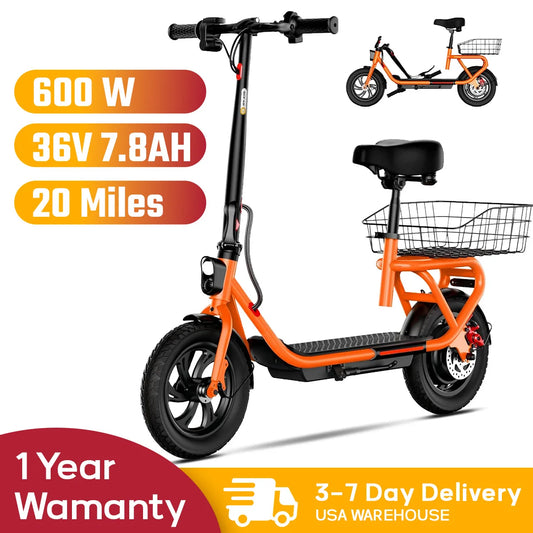 SISIGAD C10 600W Electric Bicycle, 19MPH top speed, 20-mile range, with seat, shock absorbers, folding design, and dual brakes.