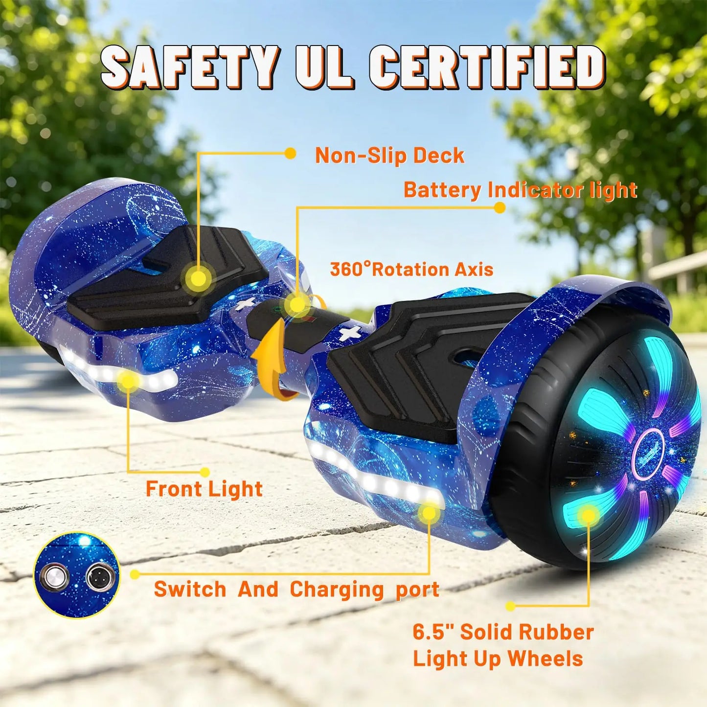 SIMATE Electric Scooter 6.5 inch All Terrain Off Road Hoverboard with Bluetooth Speakers and LED Lights, UL2272 Certified Self Balancing Scooter