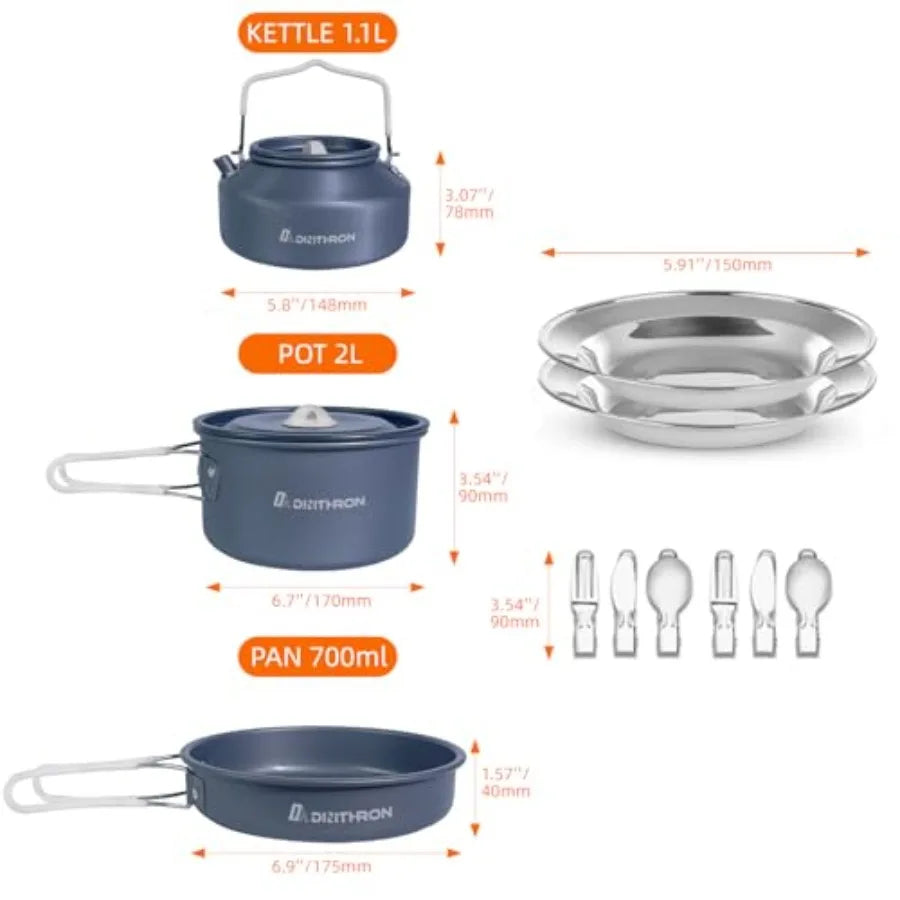 Camping cookware set: aluminum non-stick pots and pans with silicone handles, black-gray color, lightweight and compact for bac