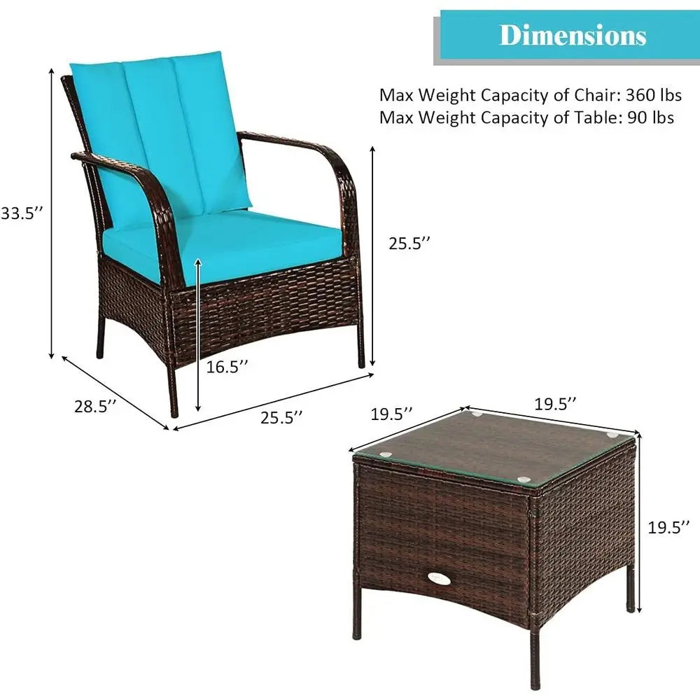 3-Piece Patio Furniture Set: 2 Wicker Chairs with Glass Top Coffee Table, Outdoor Garden Porch Poolside Seating