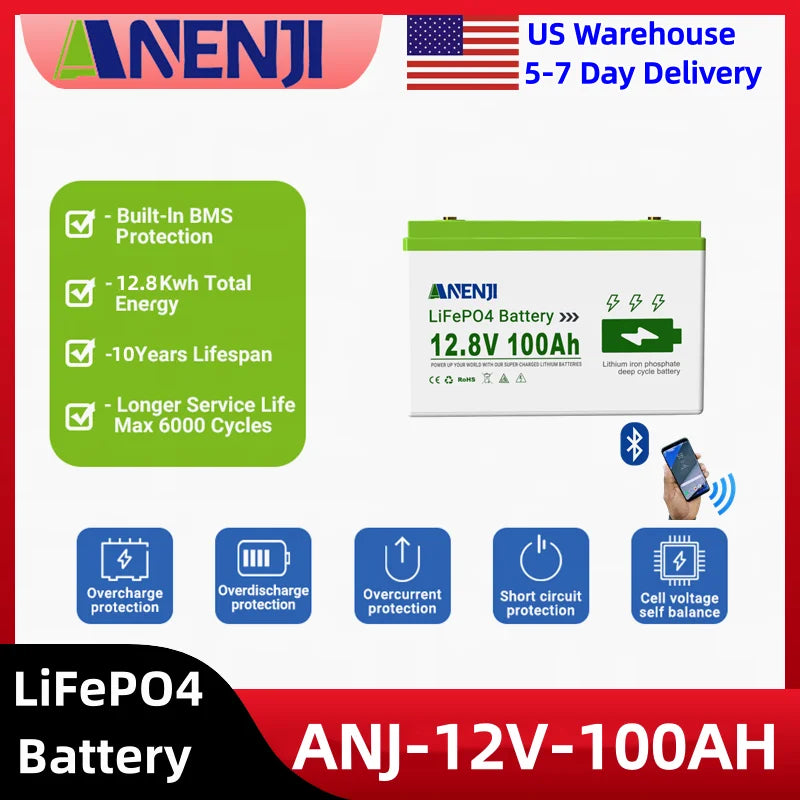 ANENJI 24V 12V 100Ah LiFePO4 Solar Battery Lithium Battery Pack Built-in BMS Grade A Cells 6000+ Cycle For Home energy storage