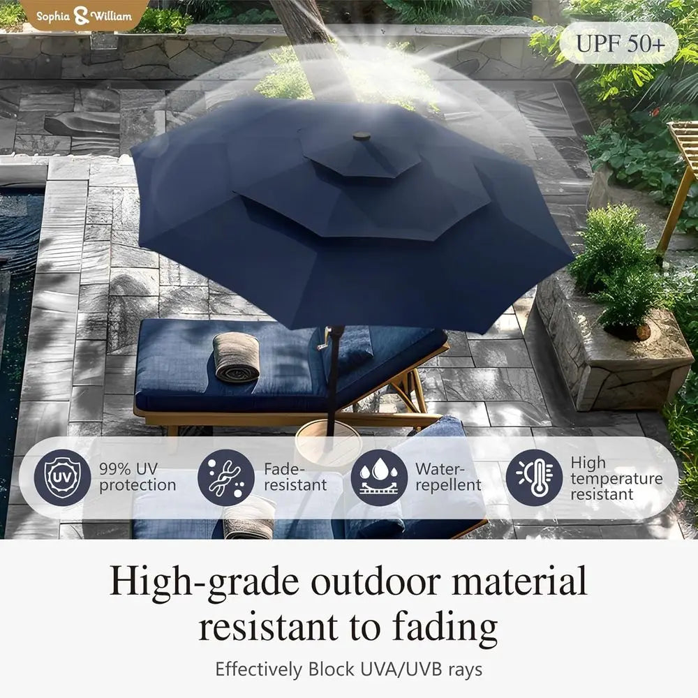 Outdoor 3-Tier Vented Patio Umbrella with 24 LED Lights, Adjustable for Pool, Garden, Navy Blue