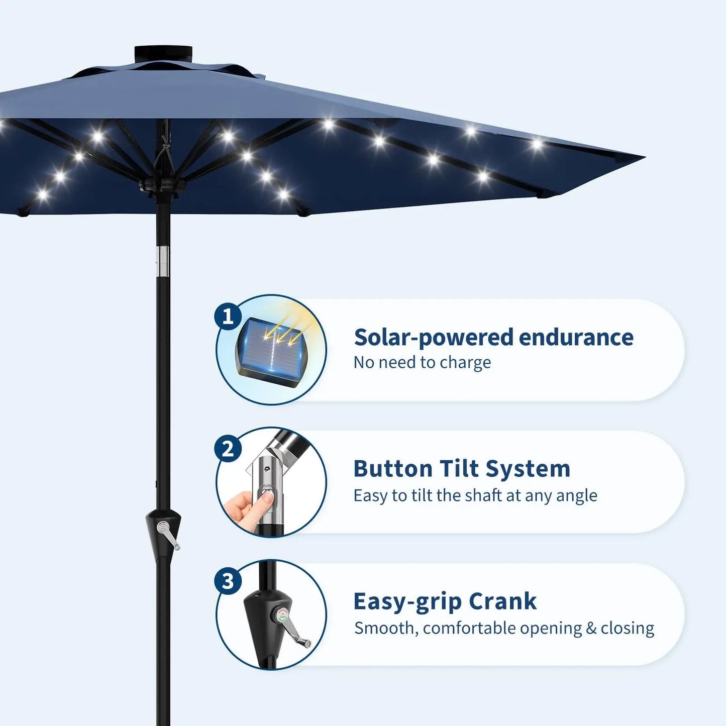 9ft/10ft Solar Patio Umbrella with 32 LED Lights, UPF 50+ UV Protection, Waterproof Fade-Resistant Vented Canopy, Crank Lift & Push-Button Tilt, 8-Rib Market Table Umbrella