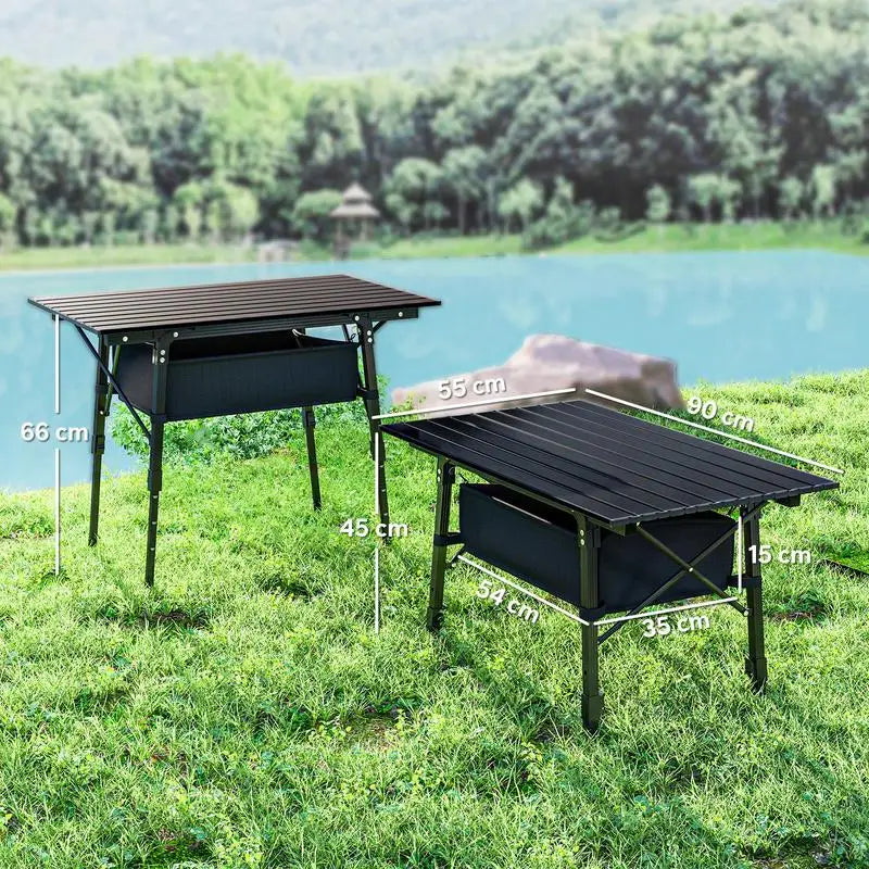 Outsunny camping table with storage basket, height-adjustable, foldable, aluminum, black