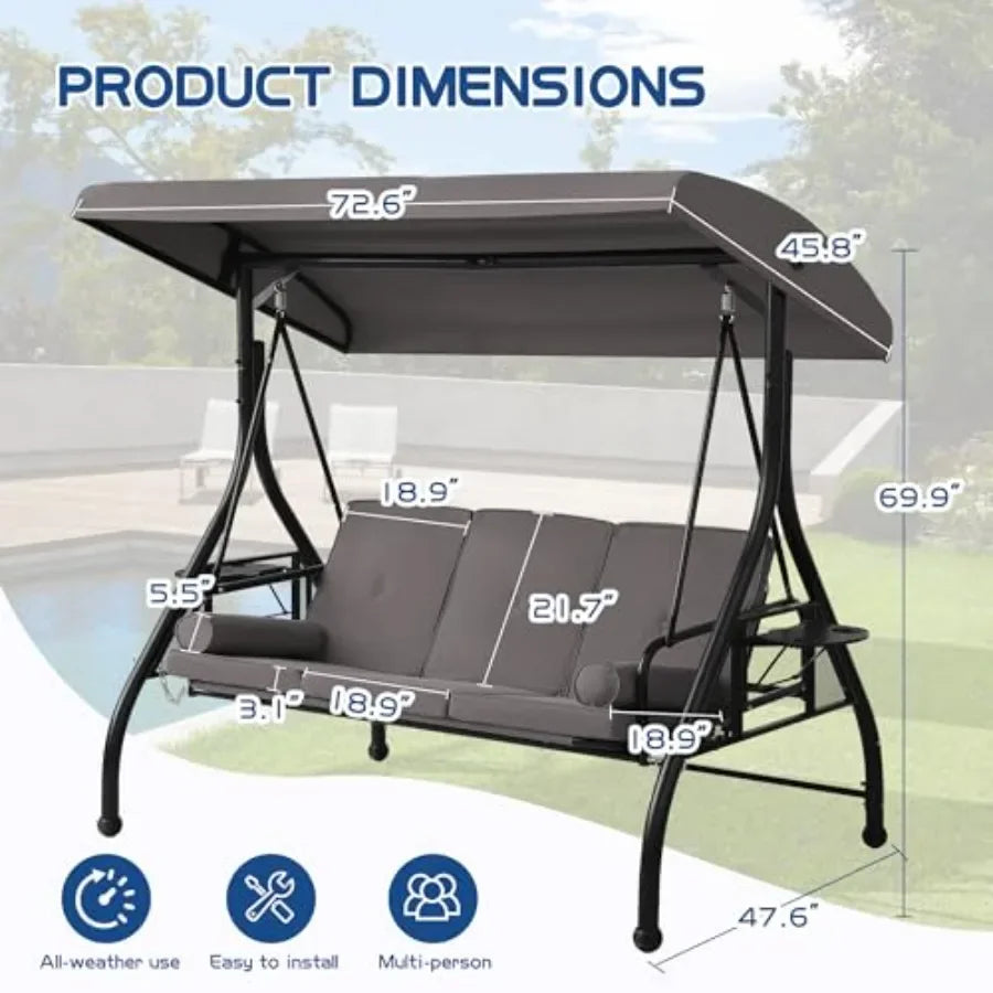 3-Seat Outdoor Porch Swing With Patio Stand And Convertible Bed