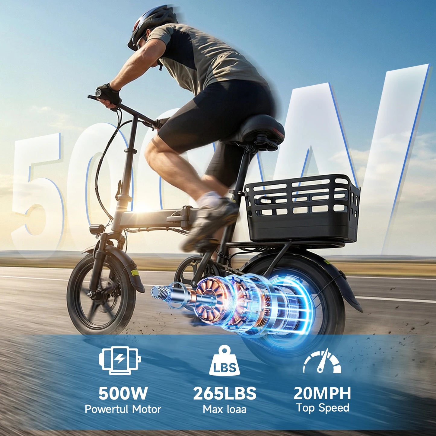 14 Inch Folding Electric Bike, 500W Peak Motor 432Wh Hidden Anti-Theft Battery, 20MPH Speed 35 Miles Range, Adult Mini Ebike with Rear Basket for Commuting Shopping UL2849，Electric Bike for Adults, Ebike, Electric Bicycle