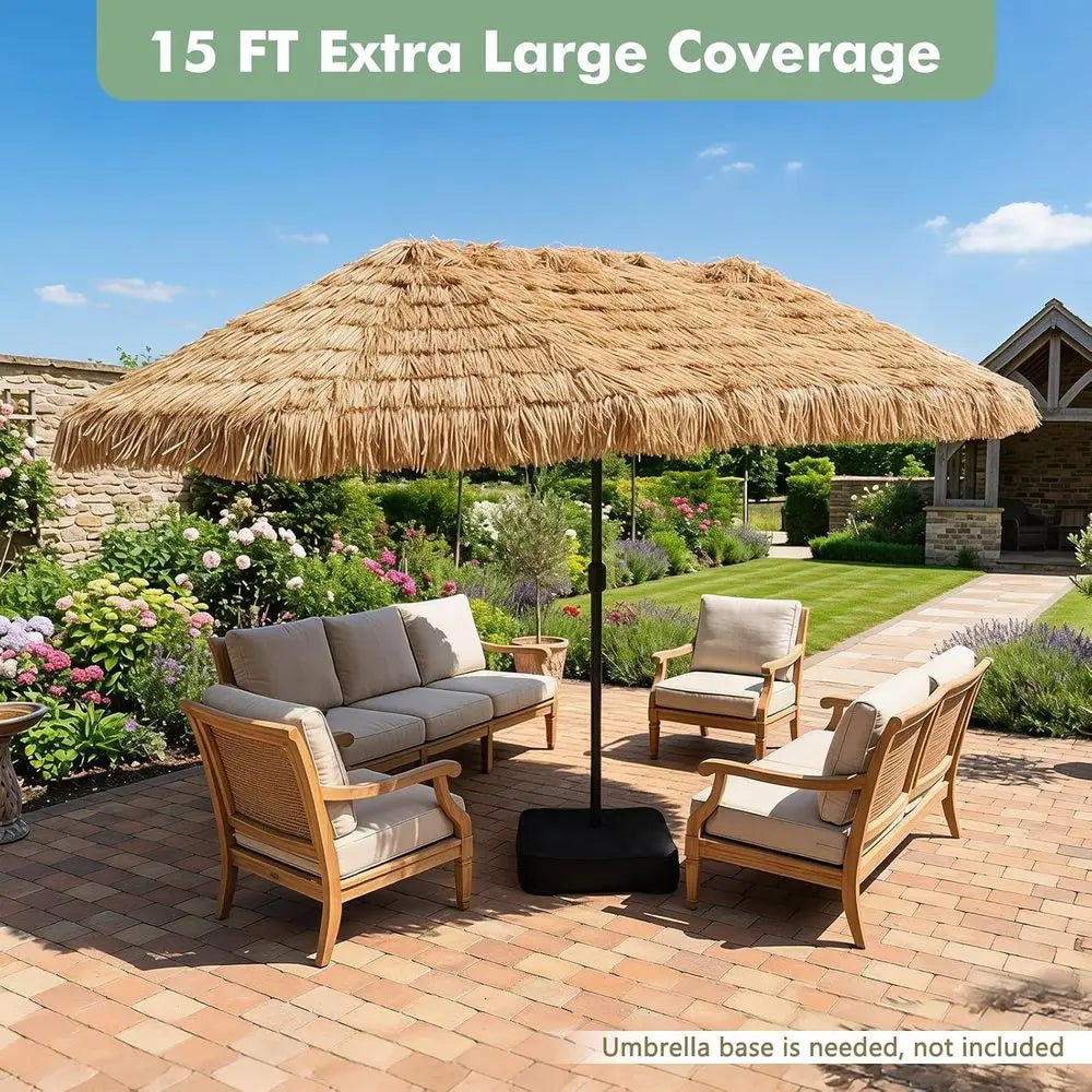 15ft Tiki Patio Umbrella with 144 LED Lights, 12 Ribs, Crank Handle, Suitable for Outdoor, Backyard, Poolside, Deck