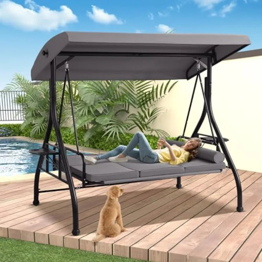 3-Seat Outdoor Porch Swing With Patio Stand And Convertible Bed