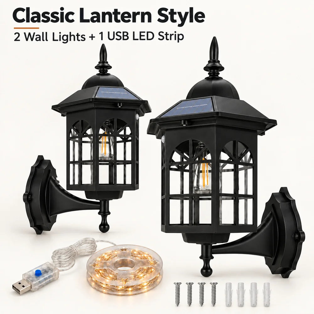 2 Pack Outdoor Solar Wall Lanterns Decorative LED Sconces Patio