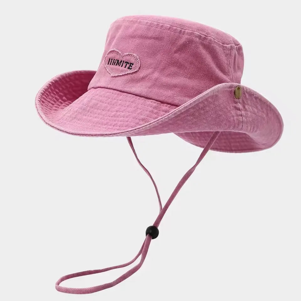 Japanese Retro Washed Cowboy Hats for Women Spring and Summer Outdoor Camping Sun Protection Sweet Pink Love Bucket Caps