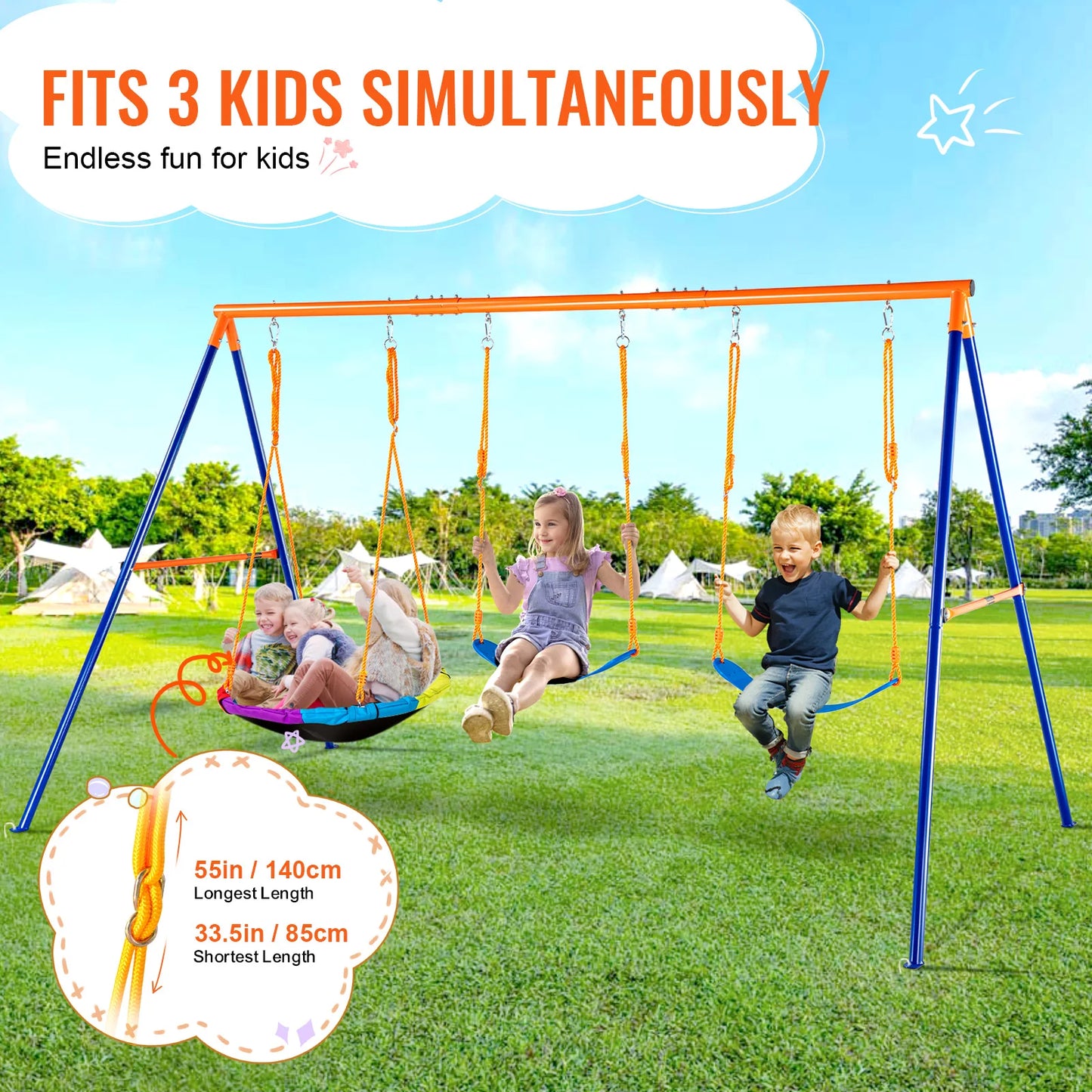 SucceBuy Swing Sets for Backyard 600lbs Capacity Swing Set with 1 Saucer Swing Seat 2 Belt Swing Seats Swingset Outdoor for Kids