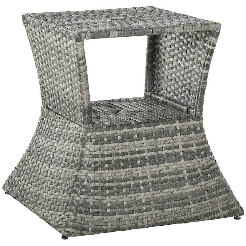 Outsunny Rattan Side Table with Umbrella Hole, 2-Tier Outdoor Storage Shelf, Weather-Resistant Grey Patio Garden Furniture