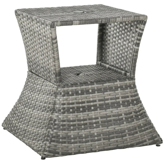 Outsunny Rattan Side Table with Umbrella Hole, 2-Tier Outdoor Storage Shelf, Weather-Resistant Grey Patio Garden Furniture