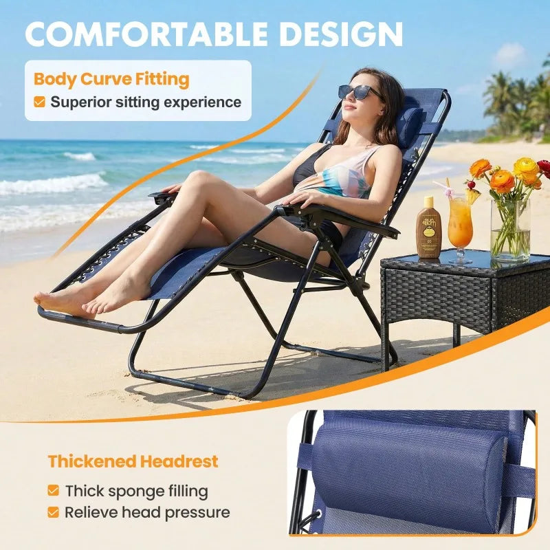 2PC Folding Chaise Lounge, Outdoor Sun Tanning Chairs With Pillow, Zero Gravity Chairs With Reclining Back Cup Holder, Steel Frame & Breathable Mesh For Beach, Yard, Patio, Poolside