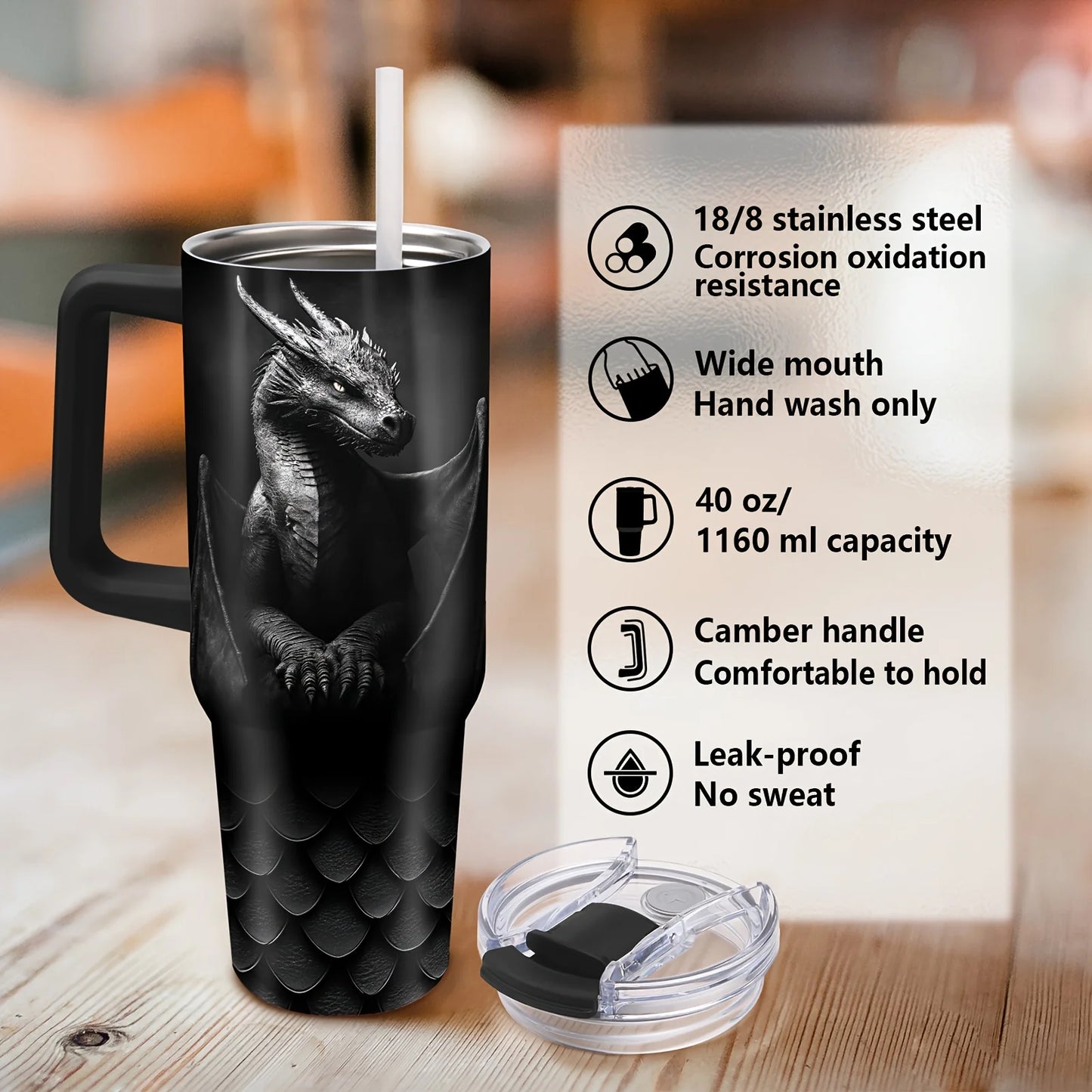 Leak-Proof Lid, Reusable Coffee Cup for Men, Women, Dragon Lovers - Birthday, Christmas, Father's Day Gifts, Outdoor Adventurers, Daily Hydration, Stylish Tumbler, Hand Wash Only, Holiday Presents