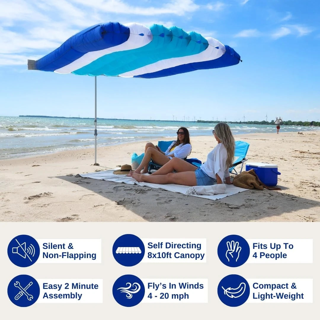 8x10ft Wind-Inflating Beach Shade Canopy, Silent Non-Flapping Auto Wind Directing Sun Shelter, Lightweight Portable Outdoor Beach Tent with Quick 2-Minute Assembly