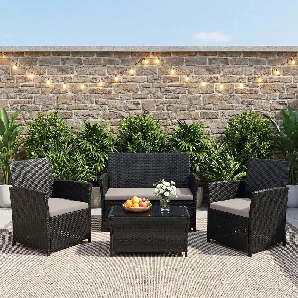 4-Piece Outdoor Patio Furniture Set, Sectional Wicker Sofa with Rattan Couch for Balcony, Porch, and Backyard (Black-Light-Grey)