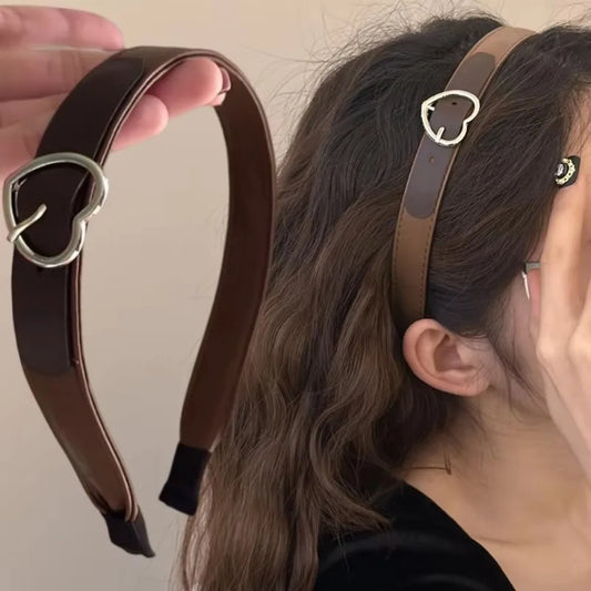 Fashion Leather Headband Heart-Shaped Buckle Coffee Brown Hairband Hair Accessories Wide Brim Hair Hoop