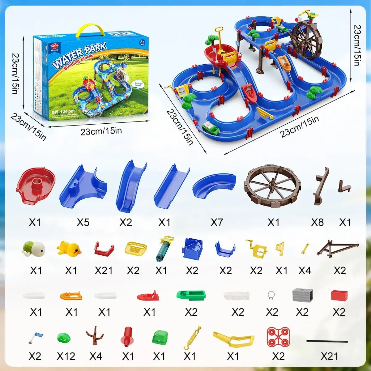 VATOS Summer Outdoor Retro Manual Irrigation Water Truck Kids Toy 2-Tier Watermill Water Table Fun Water Wheel Drifting Playset Backyard Beach Balcony Garden Toys
