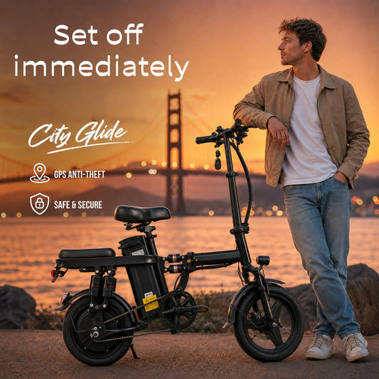 This Adult Folding Electric Bicycle Features a 500-watt Motor, a 48-volt 15-amp-hour Battery, 14-inch Tires, and a Maximum Range