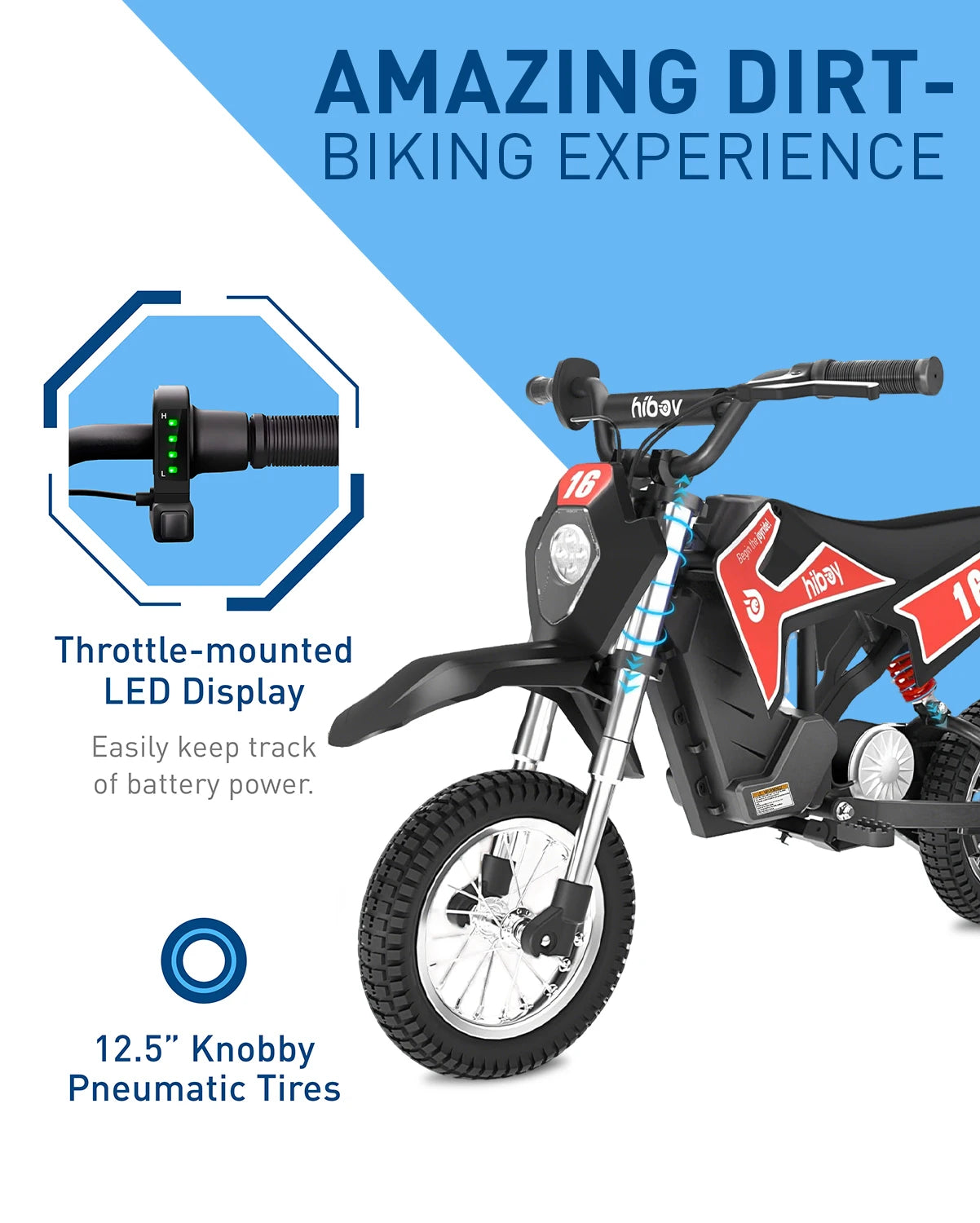 Hiboy DK1 36V 300W Kids Electric Dirt Bike, 15.5 MPH 3-Speed Off-Road E-Bike, 13.7 Miles Range Rechargeable Mini Motorcycle