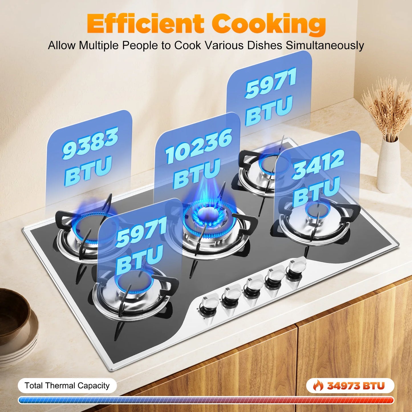 5 Burner Built-in Gas Cooktop Glass Top 3KW Dual Ring High Power Energy Saving 63% Efficiency LPG Natural Gas Stove