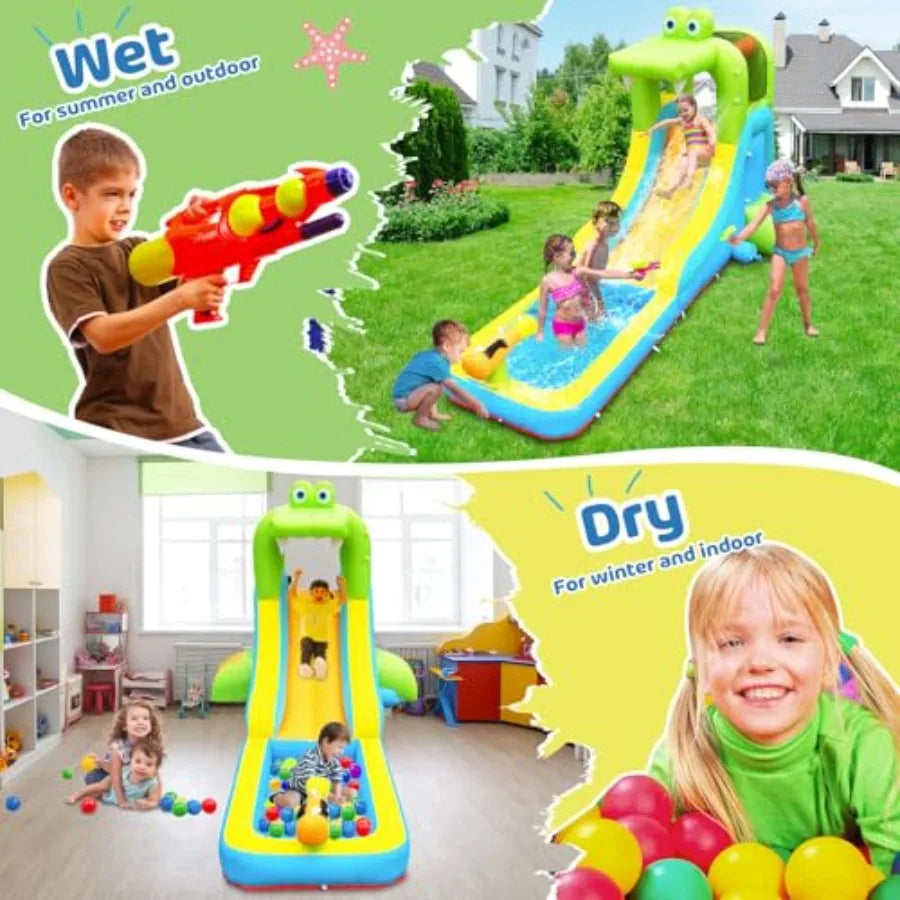 Iatable Water Slide - Crocodile Theme Bounce House Water Park with Blower, Climbing Wall, Splash Pool, Water Cannon, Blow up To