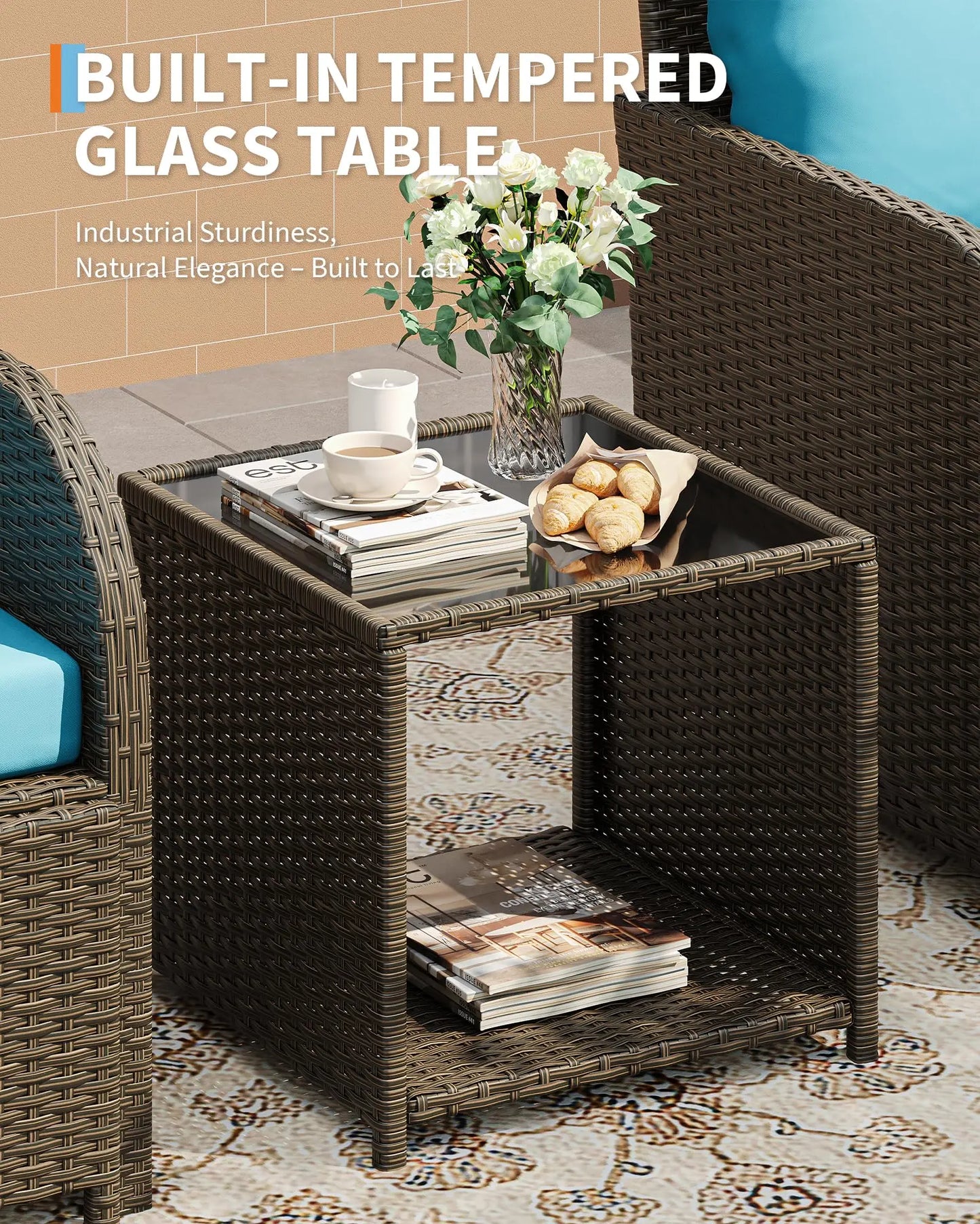 HiMISS 5 Piece PE Rattan Patio Set With Ottomans And Glass Table