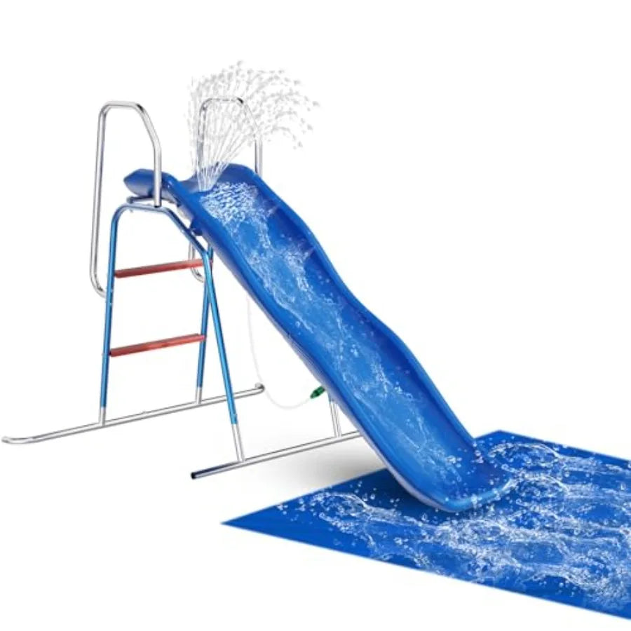 Backyard water slide for kids, PVC material, blue and yellow, 3-zone spray sprinkler with ground tarp for summer outdoor water