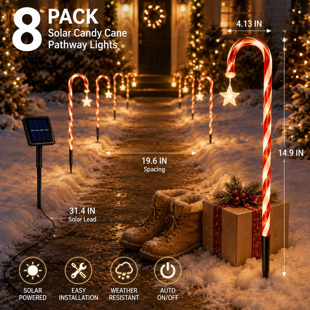 8/12 Pack Solar Candy Cane Lights,Outdoor Christmas Pathway Decor Solar powered candy cane pathway lights with IP65 waterproof, twinkle mode, perfect for Christmas yards, gardens,weddings.