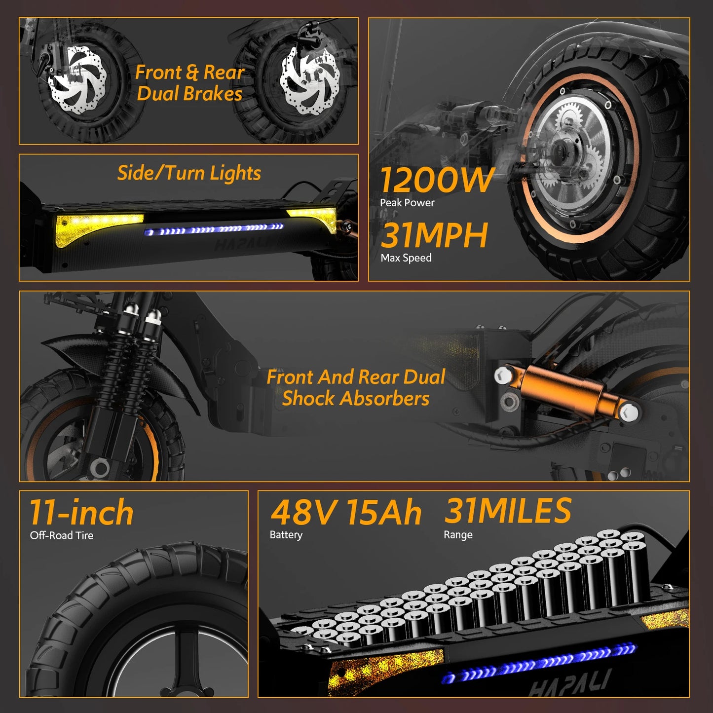 Off Road Electric Scooter, Dual Suspension & Side Light Folding E-Scooter for Adult, 48V 15AH, 1200W Motor Up to 31Mph & 31Miles, 11" All Terrain Tire
