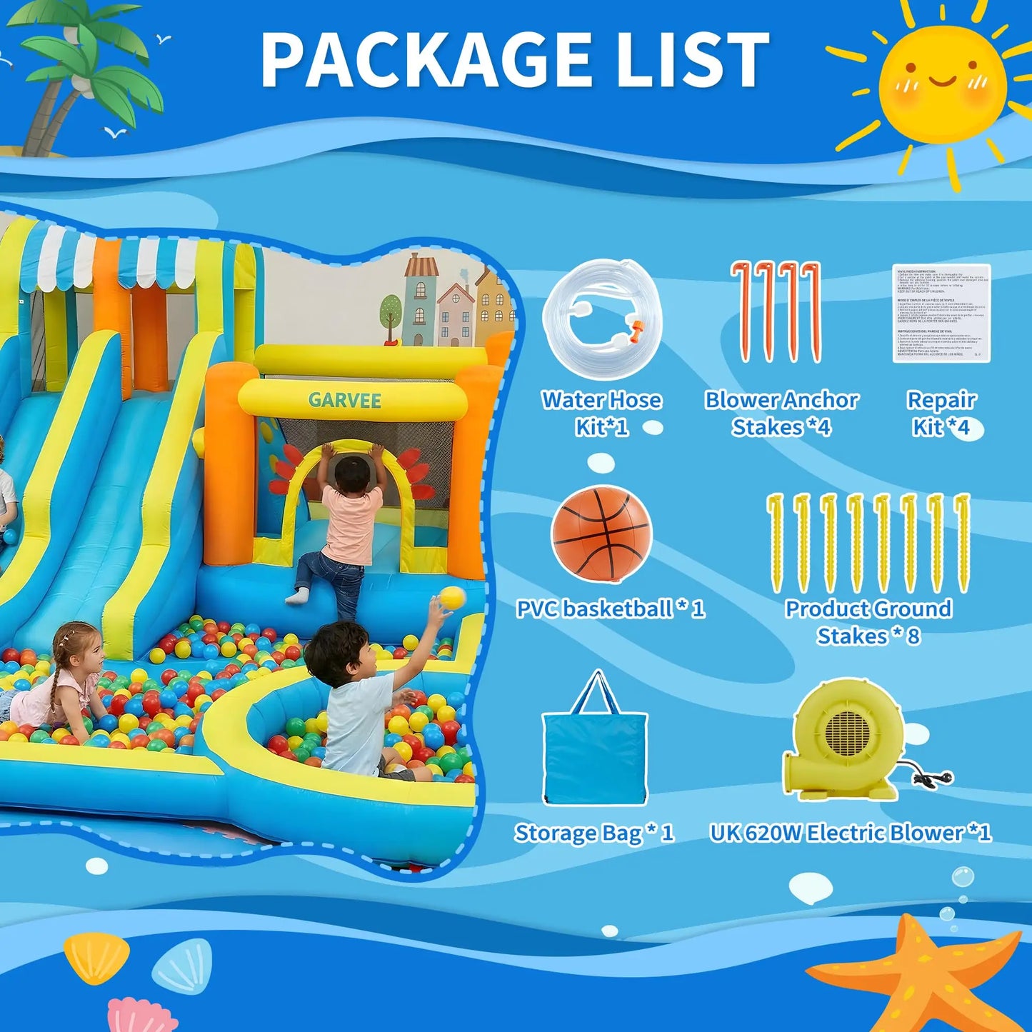 Inflatable Water Slide Bounce House 8-in-1 Kids Water Park With 550W Blower, Double Slides, Pool, Climbing Walls, Backyard Play