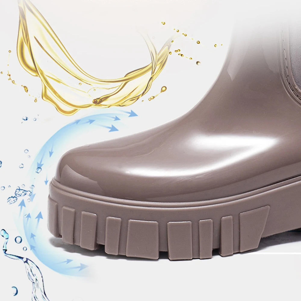 Women Waterproof PVC Rain Ankle Boots Anti Slip Thick Sole