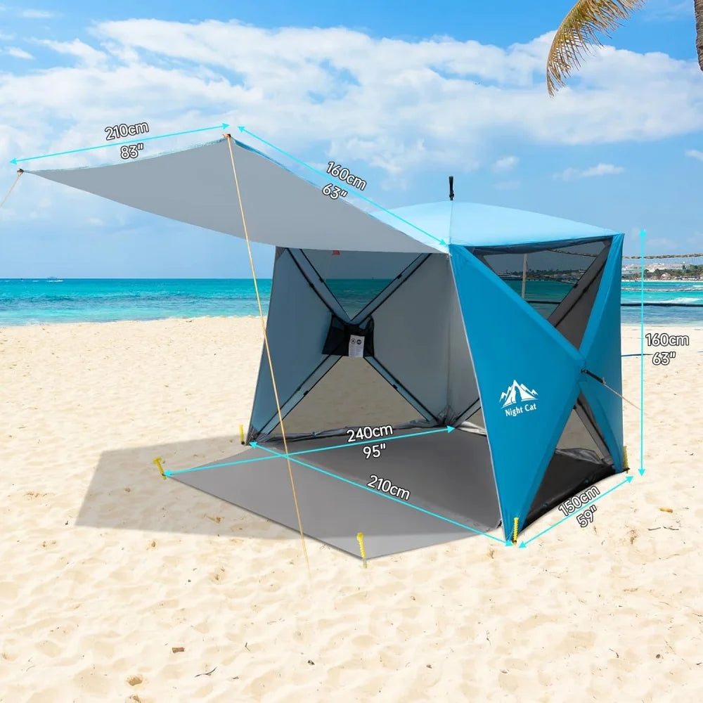 Night Cat Pop-up Beach Tent: 3 4 Persons Beach Shelter with Canopy and Footprint, UPF 50+ UV Protection Backyard Camping Outdoor Canopy Poles Not Included
