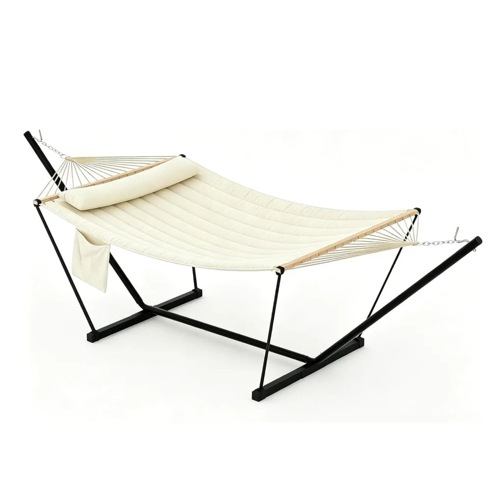 2-Person Hammock with Stand for Outside, 450lbs Double Hammock with Balance Rope and Pillow, Polyester Hammock Set for Backyard Poolside Camping Beach, Off White