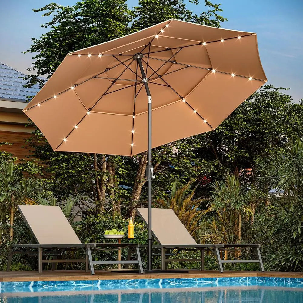 10-Foot LED Patio Umbrella with Crank and 3-Tier Canopy, 8-Rib Outdoor Market Umbrella for Poolside, Garden, Dining, Beige with