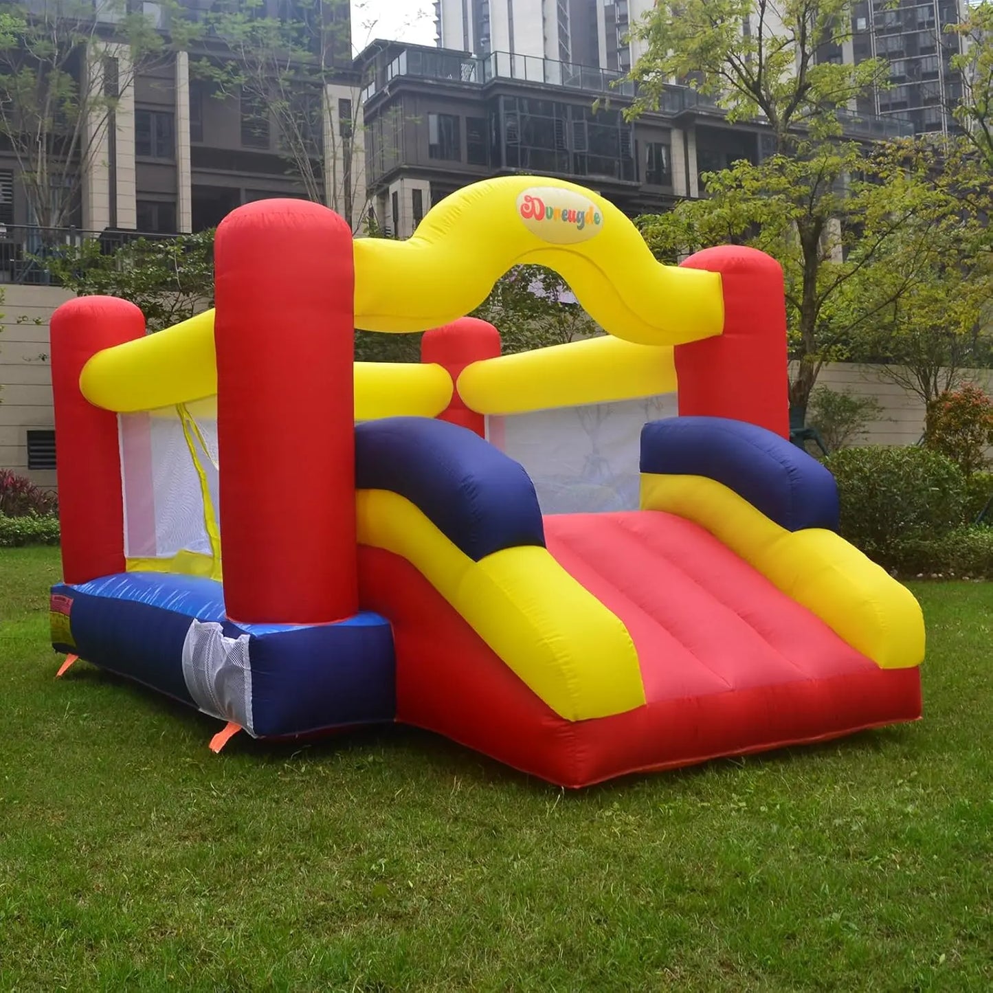 Outdoor Play Bounce House with Slide Inflatable Bouncer Backyard Playground Sets with Blower, Dart Target Game for Kids