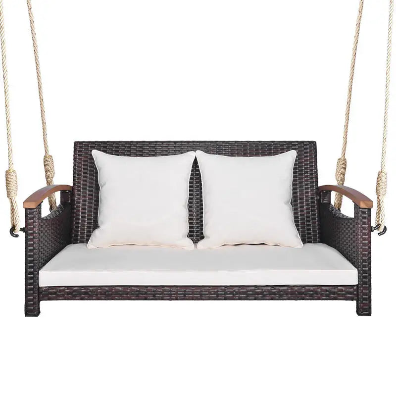 Heavy Duty Double Rattan Hanging Chair Swing With Thick Cushions