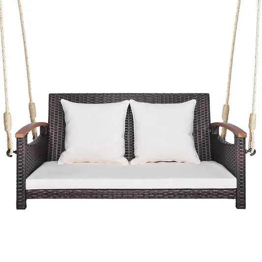 Heavy Duty Double Rattan Hanging Chair Swing With Thick Cushions