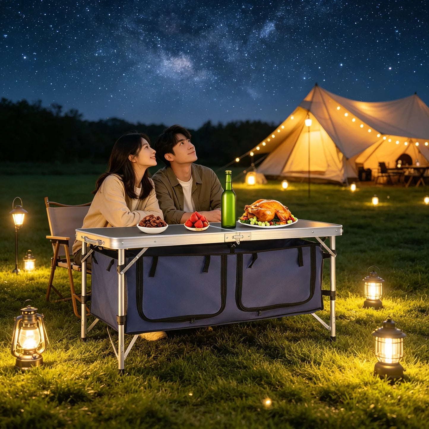 Folding Camping Table Foldable & Portable Camping Table Folding Camping Table with Adjustable Legs 120*47*70cm Dual Panels Adjustable Height Grip-and-go Feet for Travel Beach Backyards BBQ Party